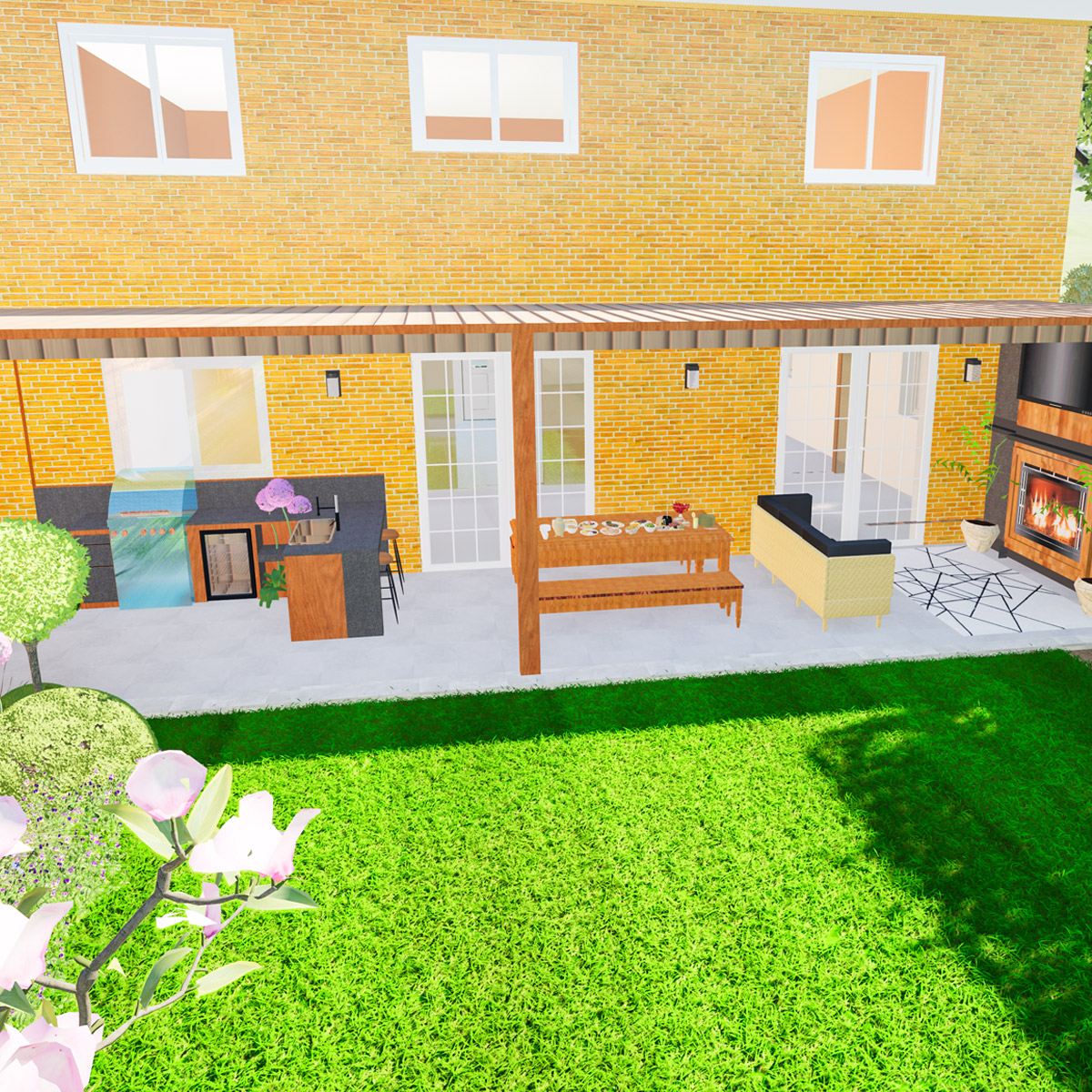 3D render demonstrating patio scale with outdoor sofa and dining set included for proportion