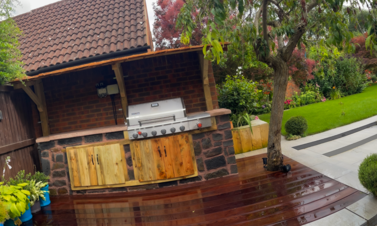 Grey composite decking with LED step lights