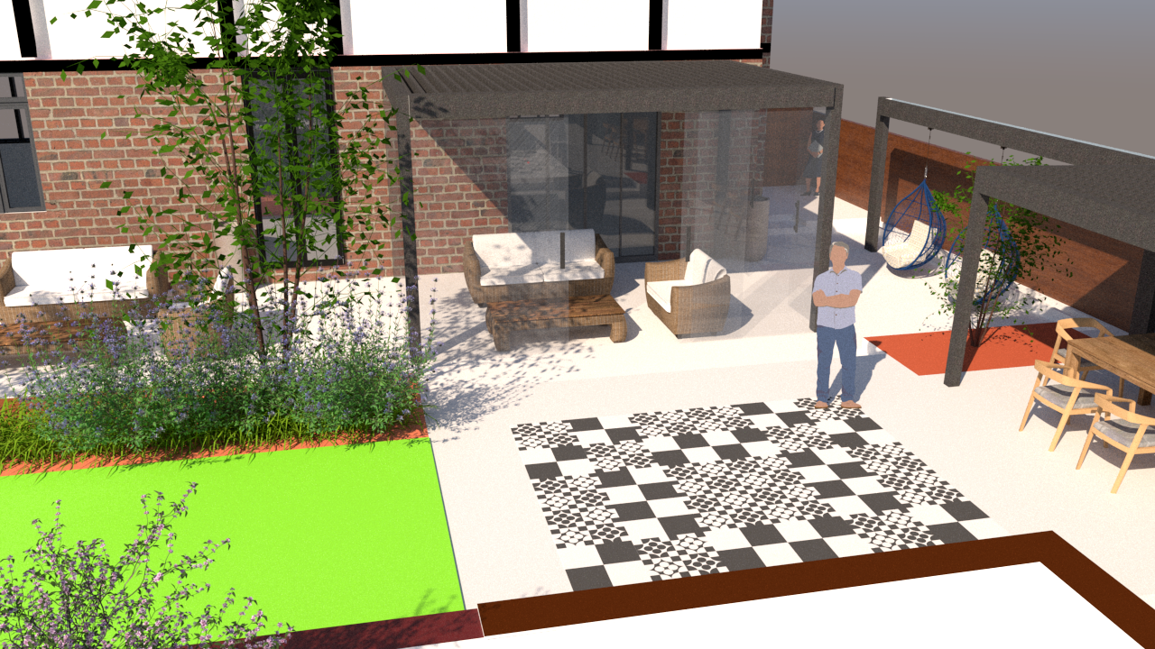 Contemporary garden design with porcelain patio — 3D render, Milton Keynes