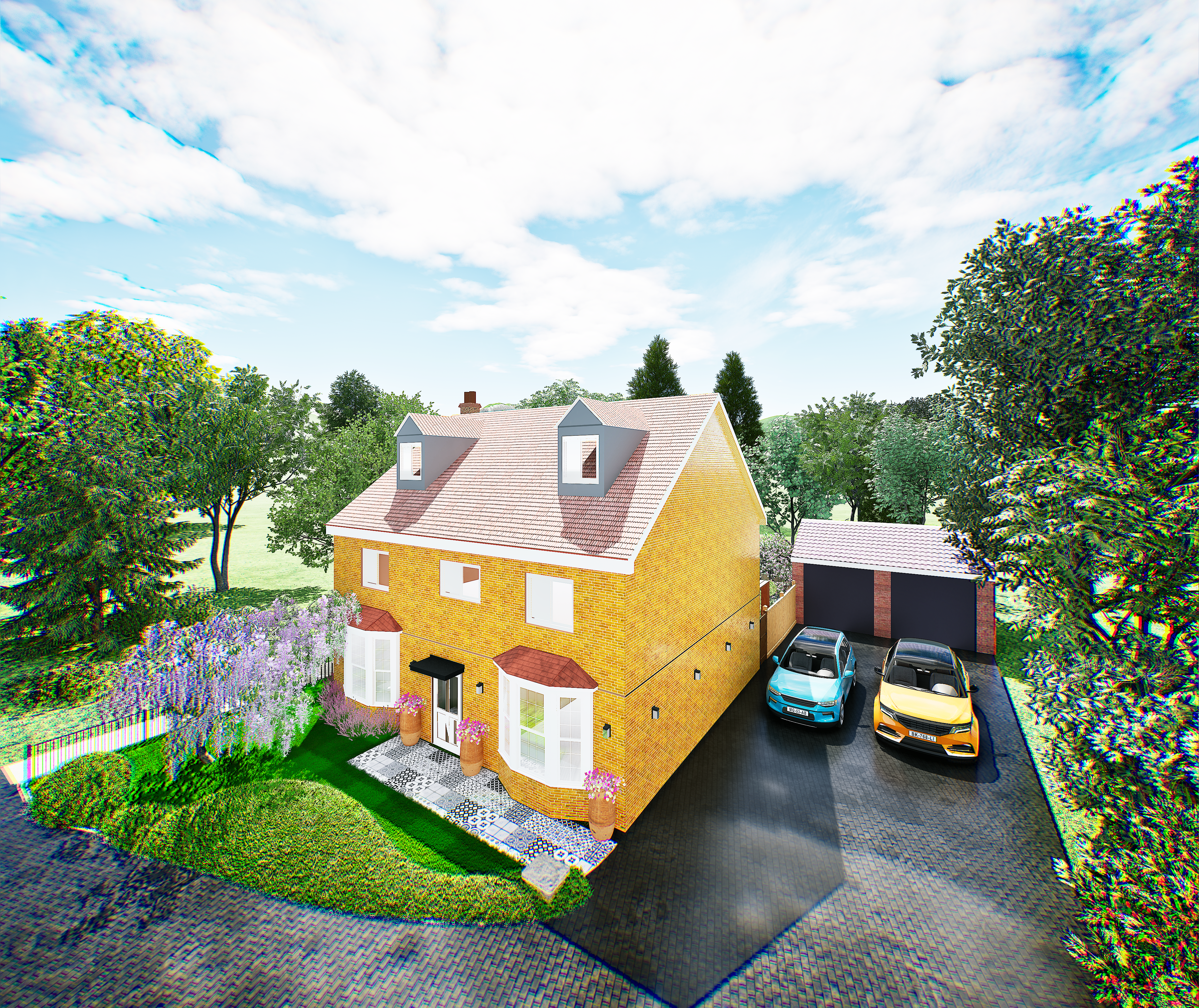 3D garden render with patio and architectural planting scheme