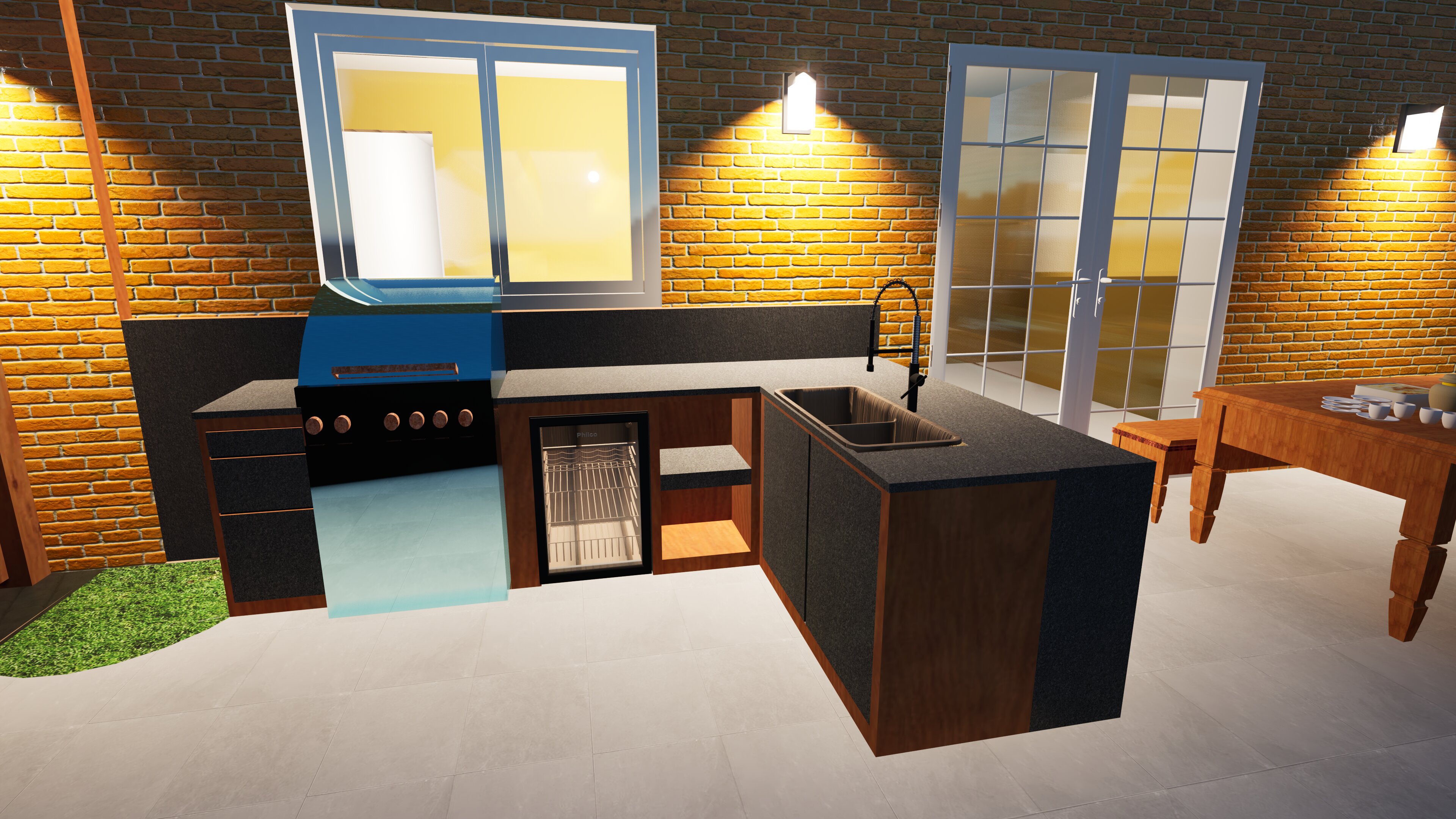 Outdoor kitchen with pizza oven and prep area