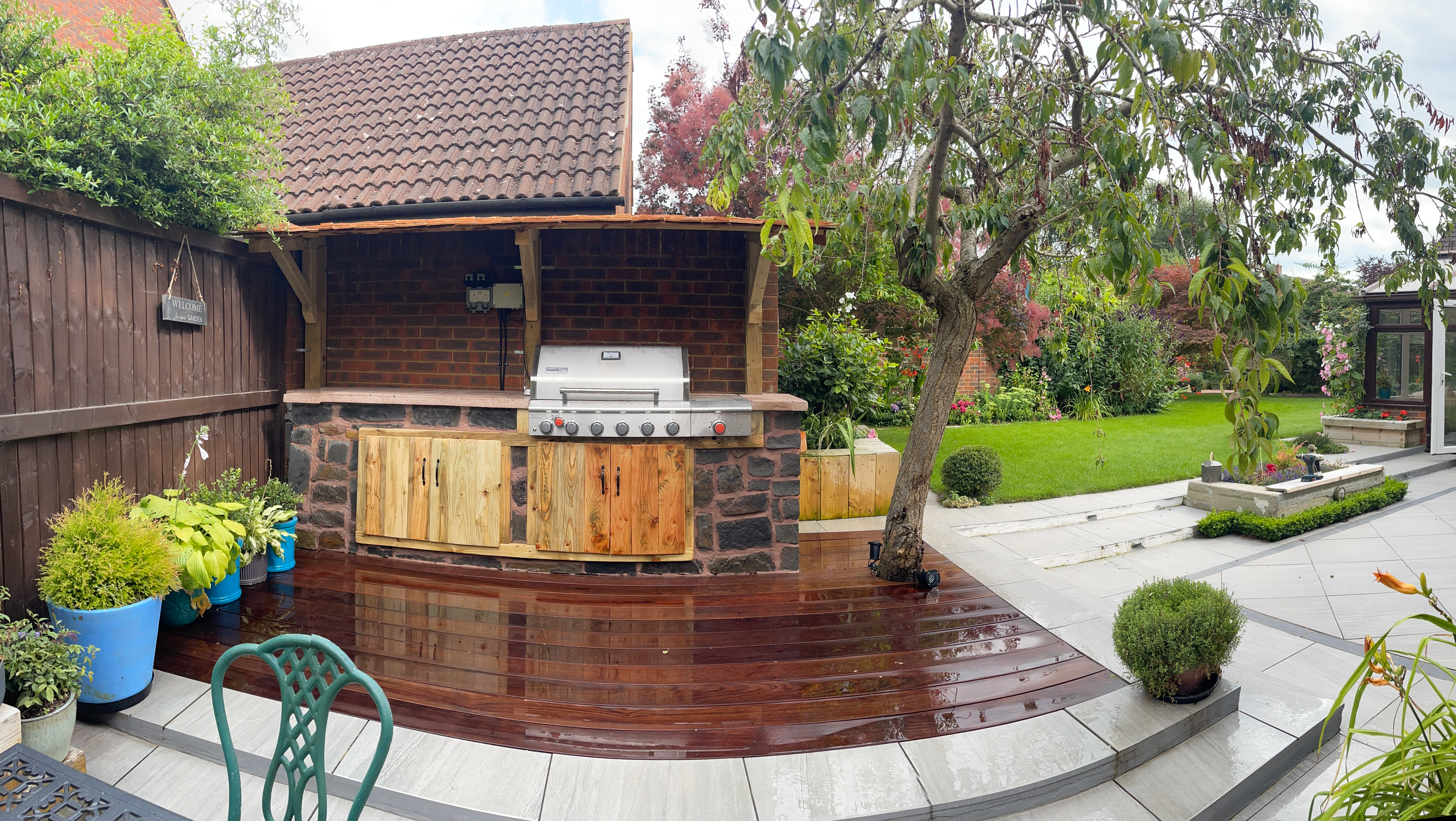 Outdoor cooking station with lighting at night