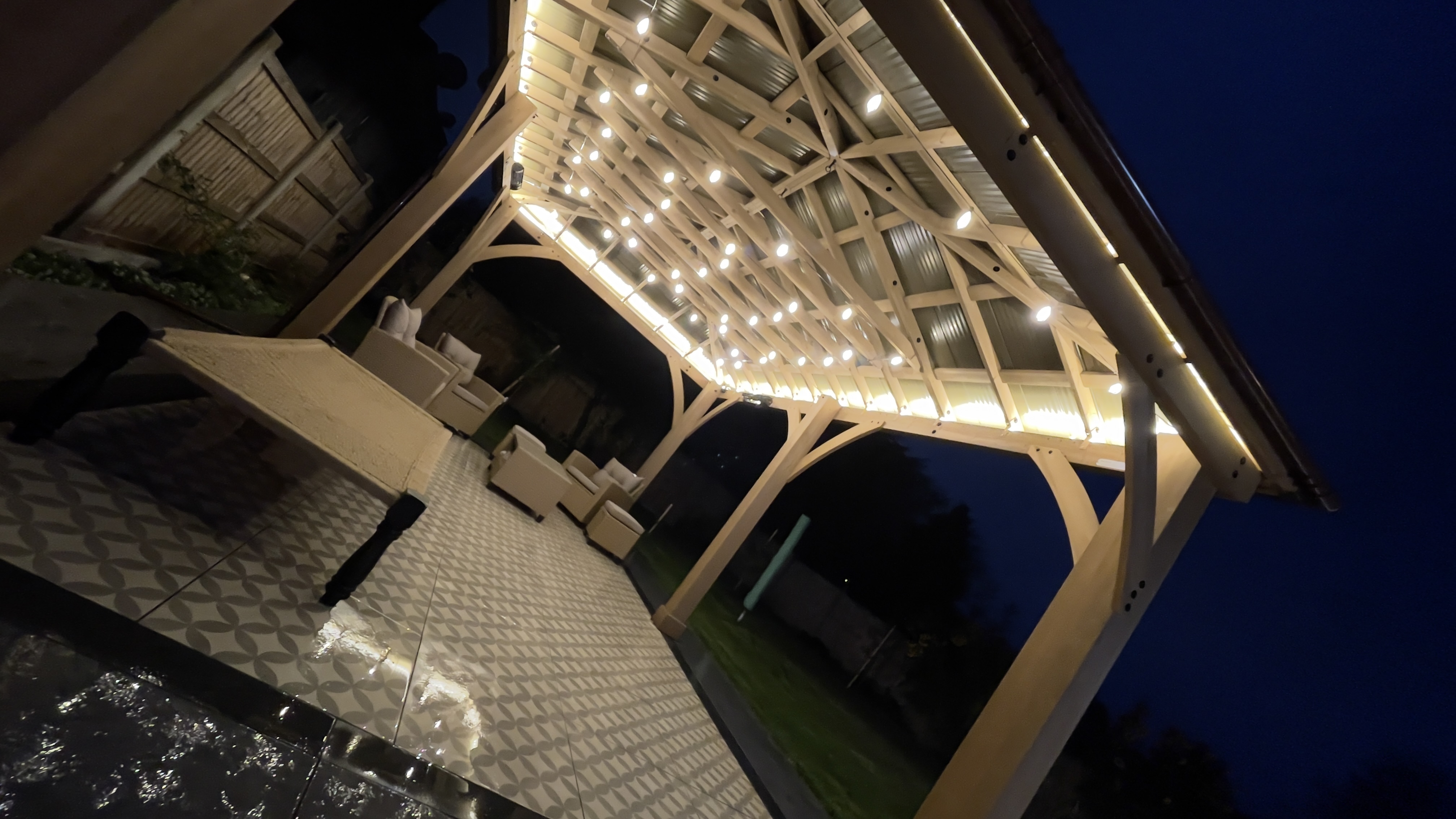 LED path lights along garden walkway at night